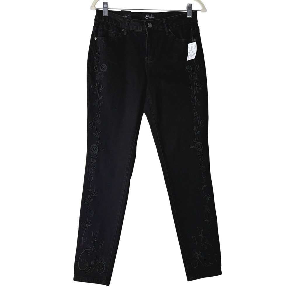 Earl Jean Skinny Ankle Jeans Ladies‎ 10 Black Floral Embroidered Straight Boho